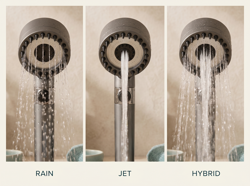 The Ion Drop shower head running in rain, jet and hybrid spray modes