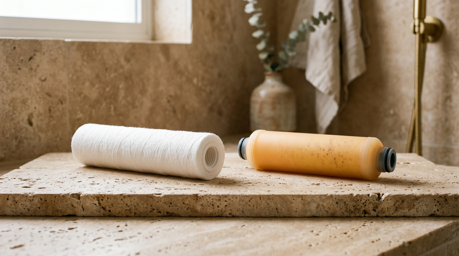 A cotton shower filter cartridge and an inline filter side by side