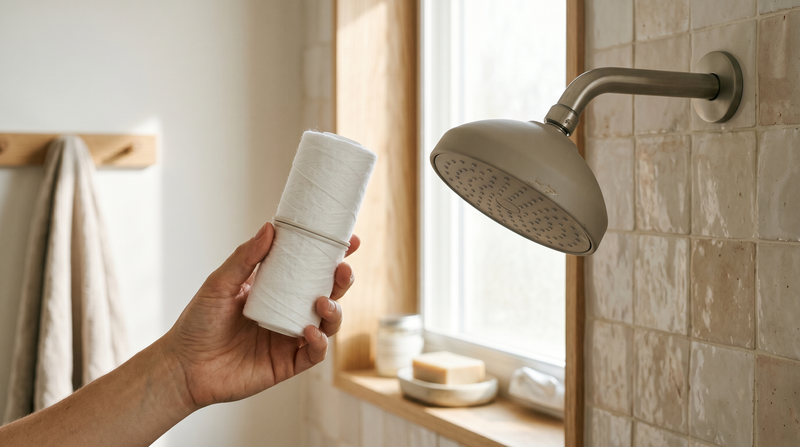 A fresh white cotton shower filter cartridge by a shower head