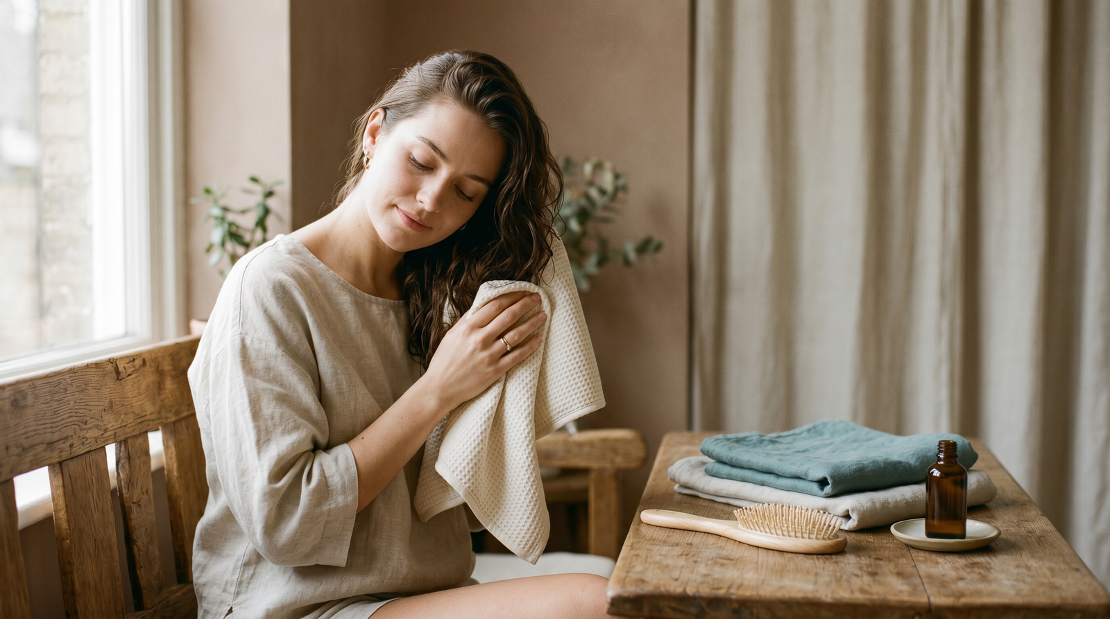 Towel-drying soft healthy-looking hair with a microfibre wrap