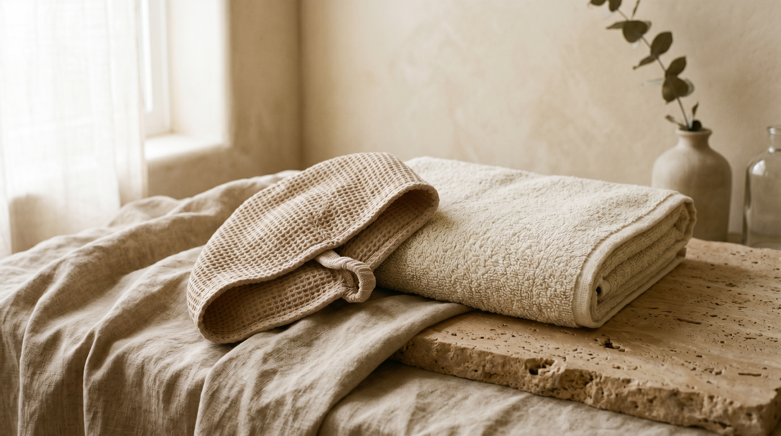 A microfibre hair towel wrap and a folded cotton towel on linen