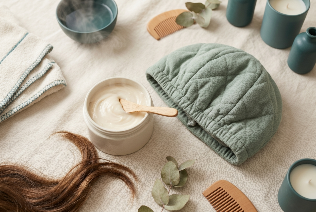 Open tub of cream hair mask, wooden spreader and a folded sage-green thermal cap on bone linen