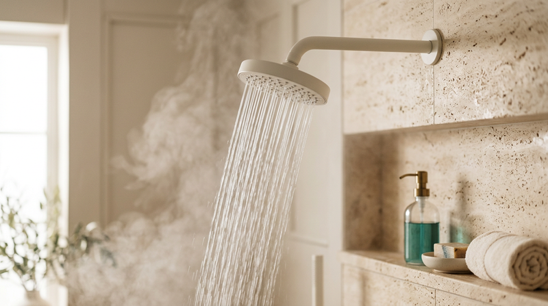 Filtered water and steam from a shower head in a calm travertine bathroom