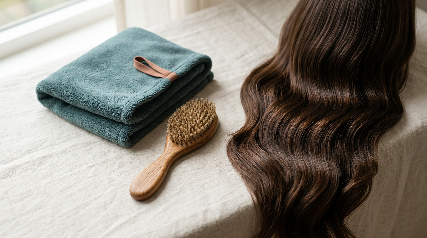 Smooth glossy hair beside a microfibre towel and detangling brush on bone linen