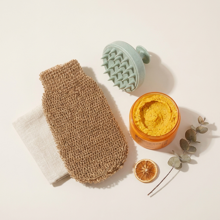 The Everything Shower Kit: exfoliating body mitt, turmeric and sea salt body polish, and silicone scalp brush