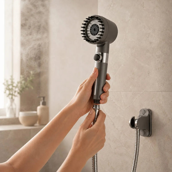 Hands hand-tightening the Ion Drop shower head onto a standard hose