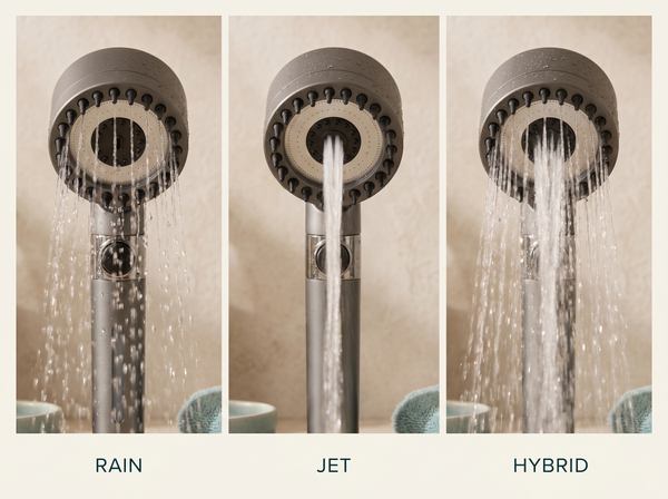 The Ion Drop shower head running in rain, jet and hybrid spray modes