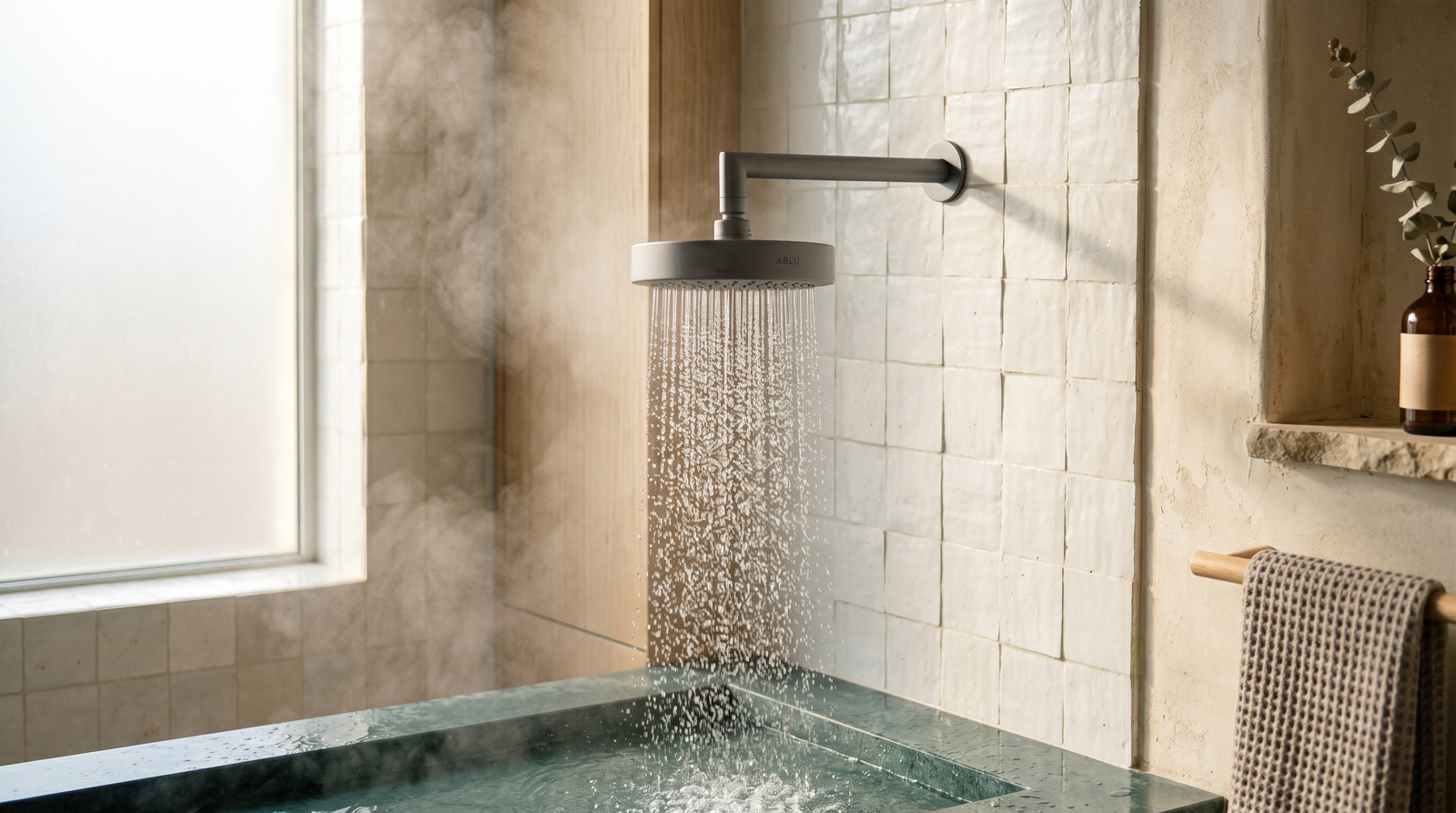 A filtered shower head running in a calm sunlit bathroom