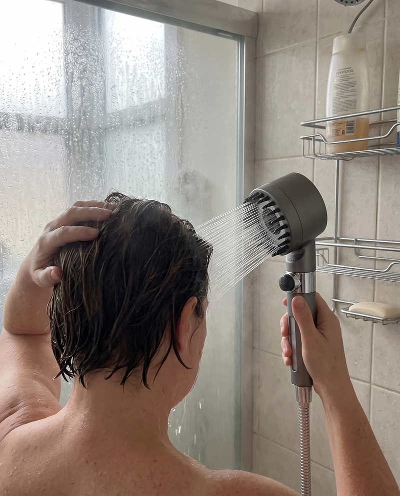 Water running from the Ion Drop shower head over wet hair