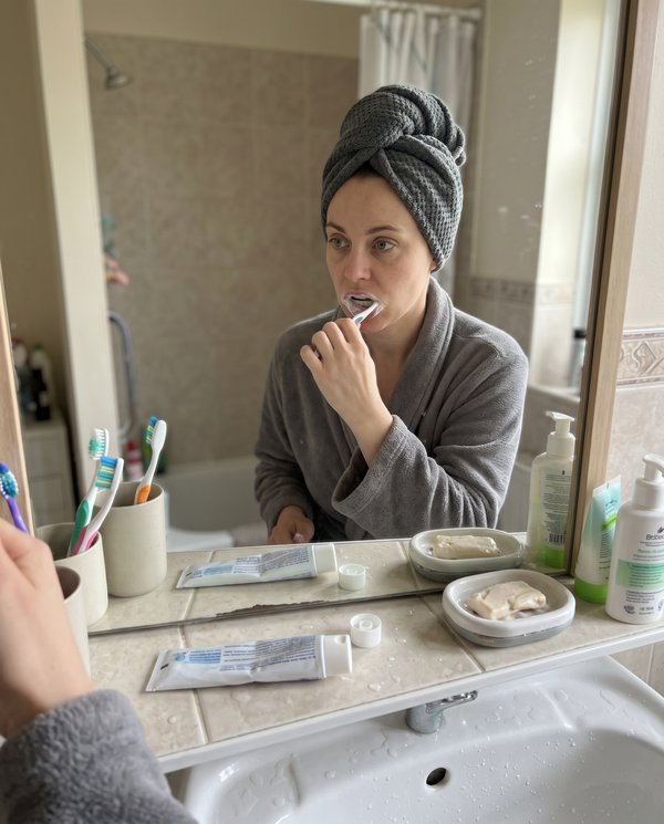 Hair wrapped in a microfibre towel turban at the bathroom mirror