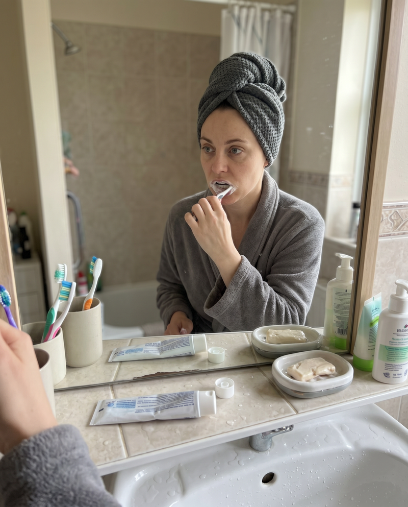 Hair wrapped in a microfibre towel turban at the bathroom mirror