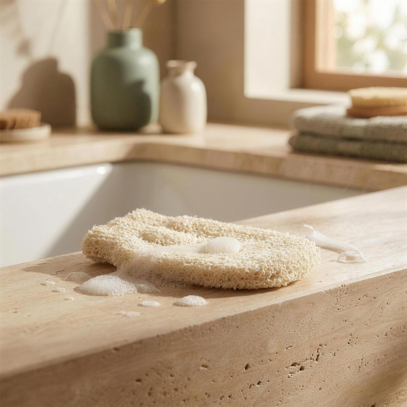 An exfoliating mitt on a wet stone bathroom ledge