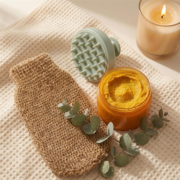 An exfoliating mitt beside a jar of turmeric and sea salt body scrub