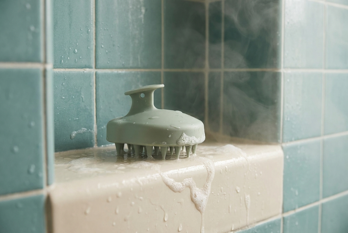 Sage-green silicone scalp massage brush on a wet bone ledge against a teal tiled shower wall