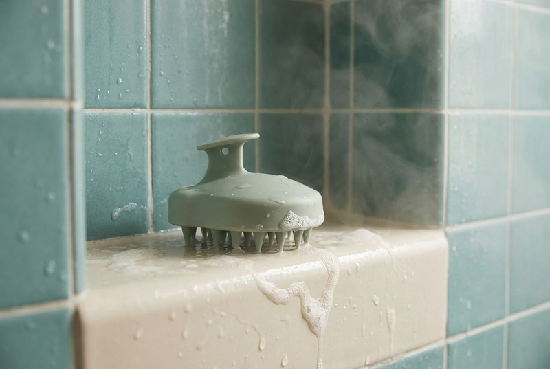 Sage-green silicone scalp massage brush on a wet bone ledge against a teal tiled shower wall