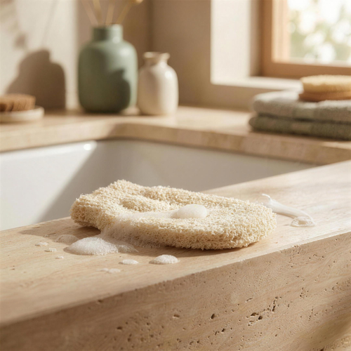 Exfoliating body mitt resting on a travertine bath ledge with light suds